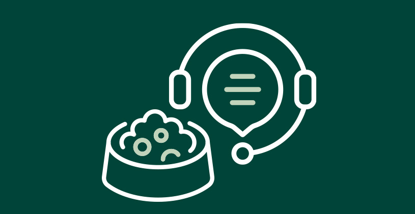Icon of a pet food bowl next to a speech bubble with a headset, symbolising pet food advice or customer support, on a dark green background.